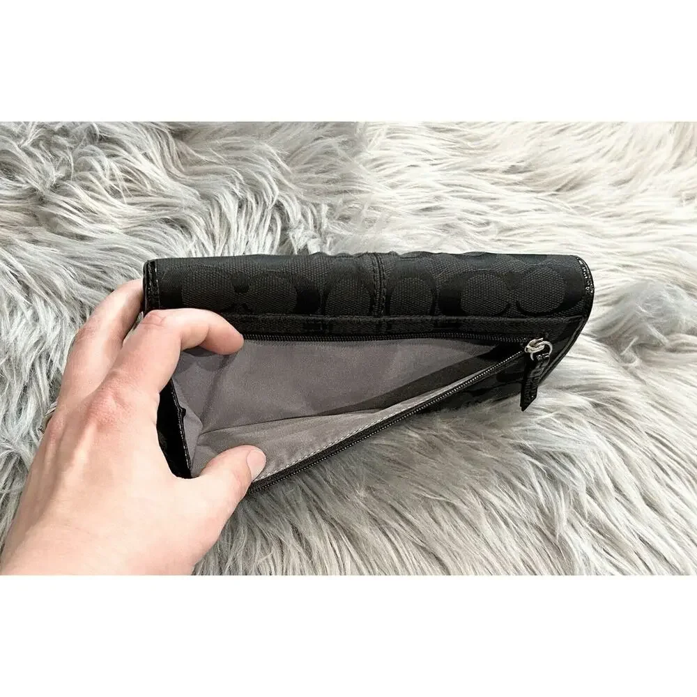VTG COACH Black Signature 12CM Jacquard Patent Leather Trifold Clutch Wallet Set